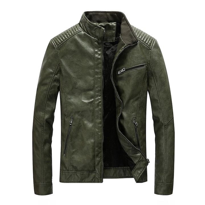 Slim Fit PU Leather Stand Collar Motorcycle Jacket