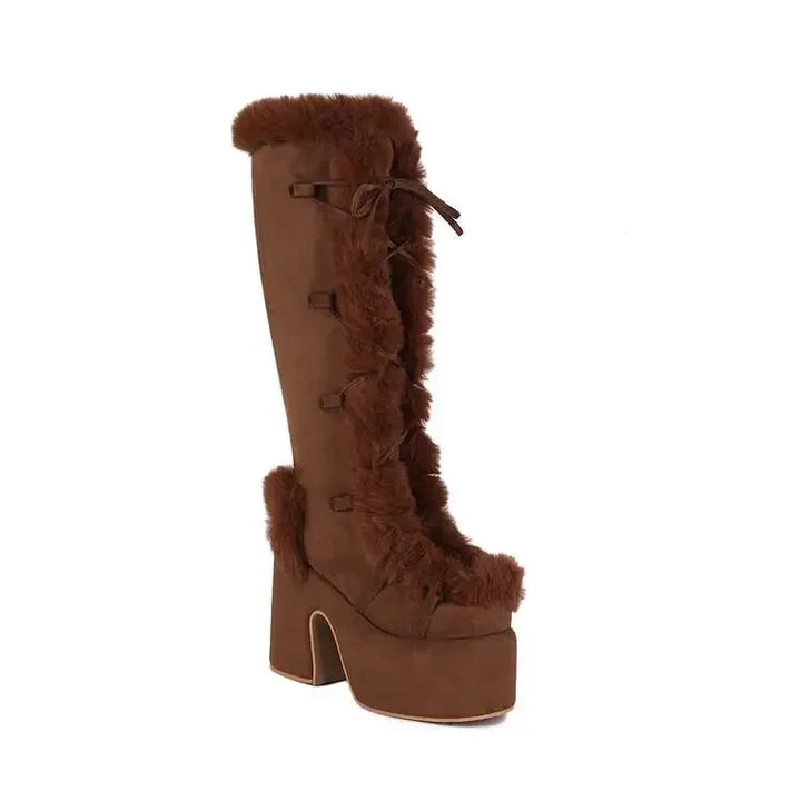 Y2K Punk Faux Fur Chunky Platform Gothic High Heel Boots