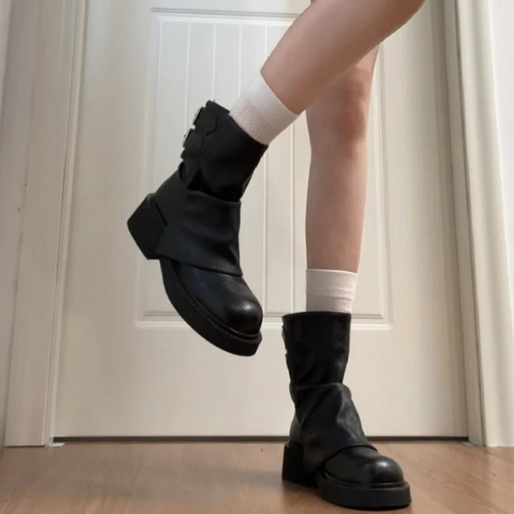 Elegant Belt Buckle Low Heels Leather Ankle Boots
