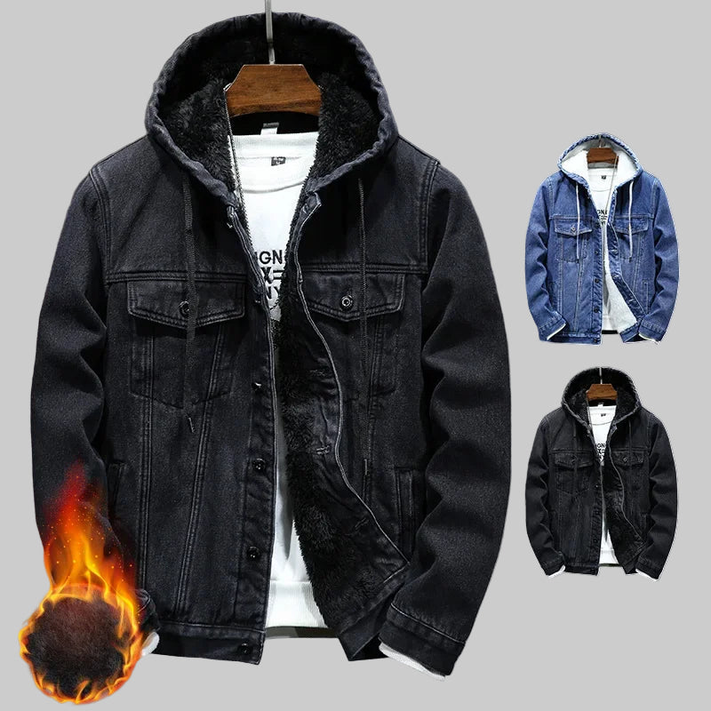 Warm Fleece-Lined Hooded Denim Winter Coat