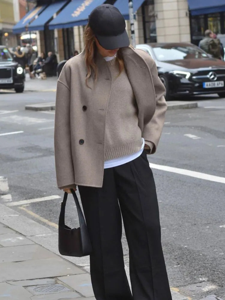 Women's Elegant Retro Brown Autumn Coat with Stand-Up Collar - Fashionable Solid Color Outerwear