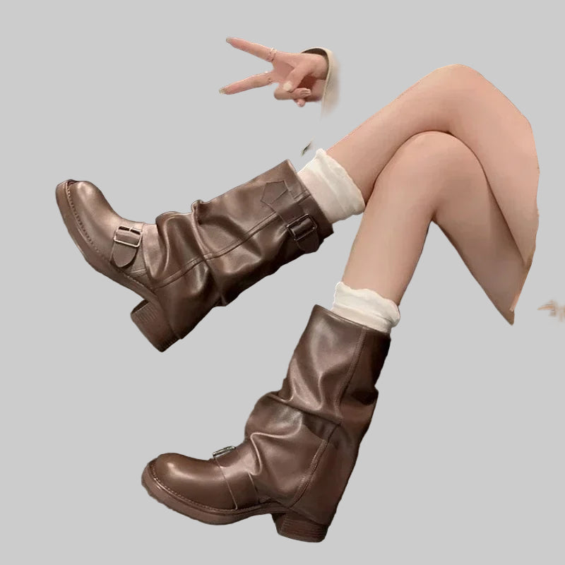 Mid-Calf Slip-On Retro Biker Boots
