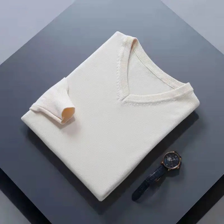 Knitted Cotton Blend Classic V-Neck Pullover