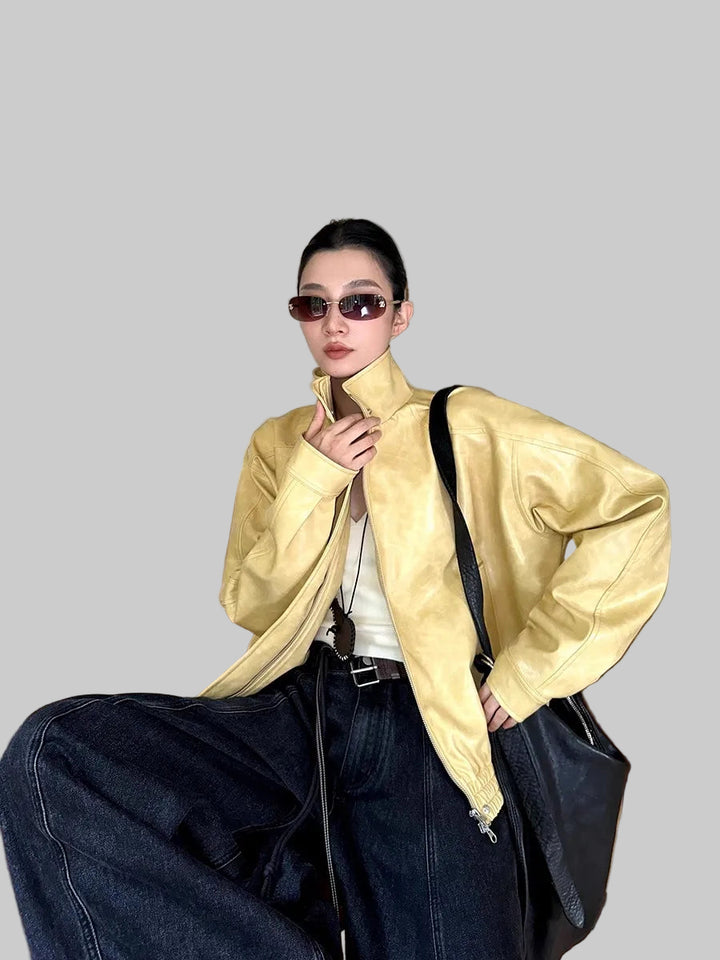 American Distressed Yellow PU Leather Jacket