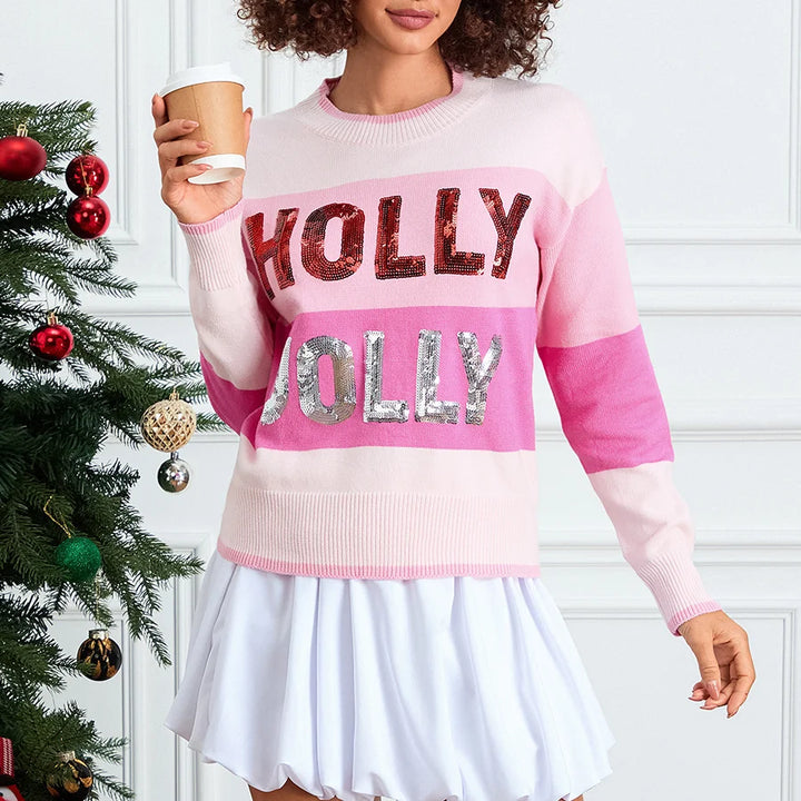 Round Neck Sequined Letter Knit Christmas Sweater