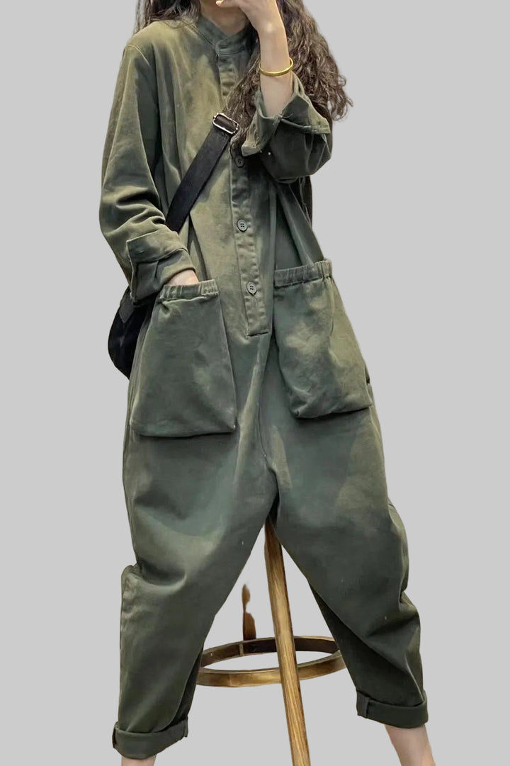 Long Sleeve Solid Color Jumpsuit with Pockets