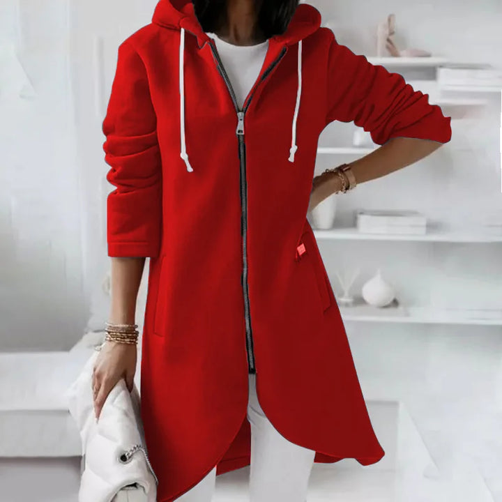 Long Hooded Zip-Up Solid Color Sweatshirt