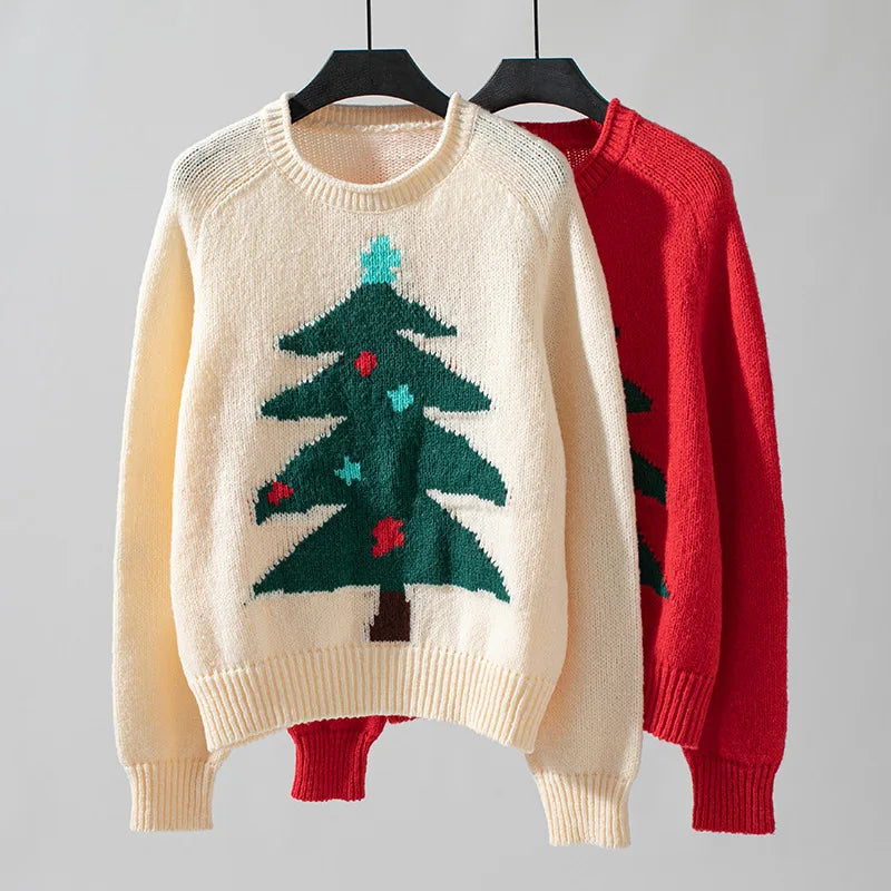 Crew Neck Christmas Tree Pattern Sweater