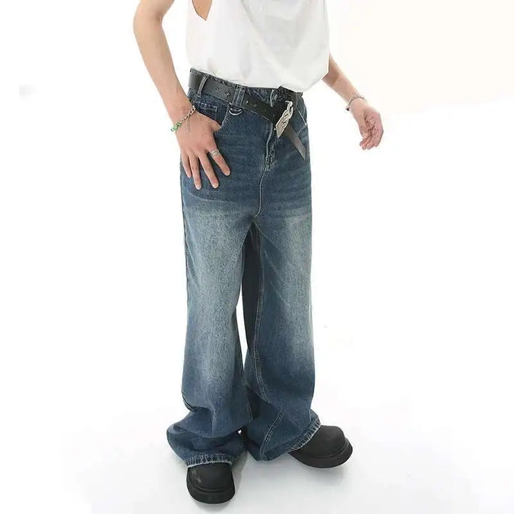 Gradient Washed Denim Pants with Metal Ring Design