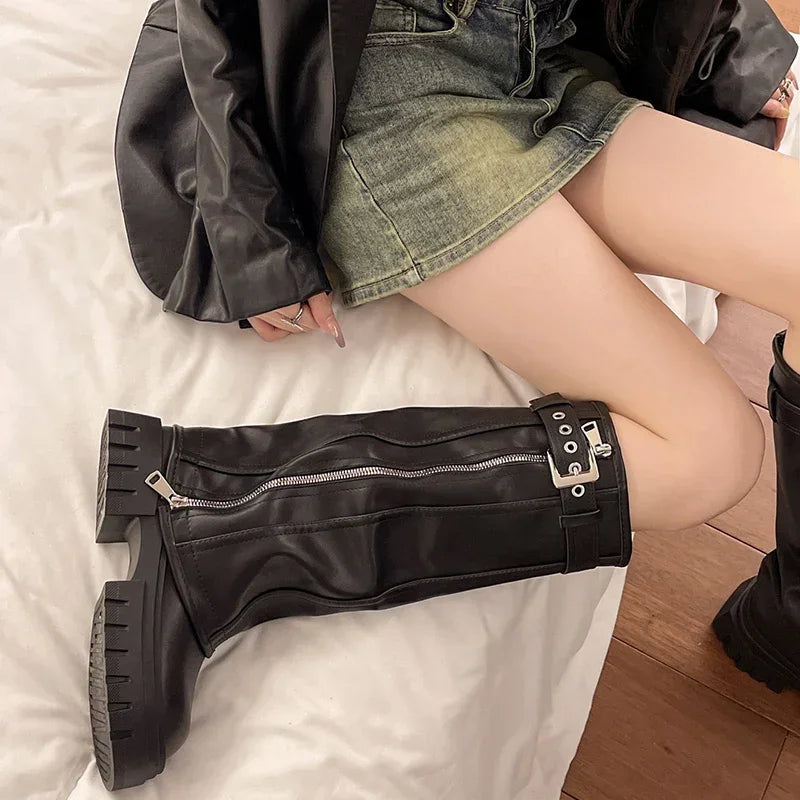 Platform Western Long Boots with Belt Buckle