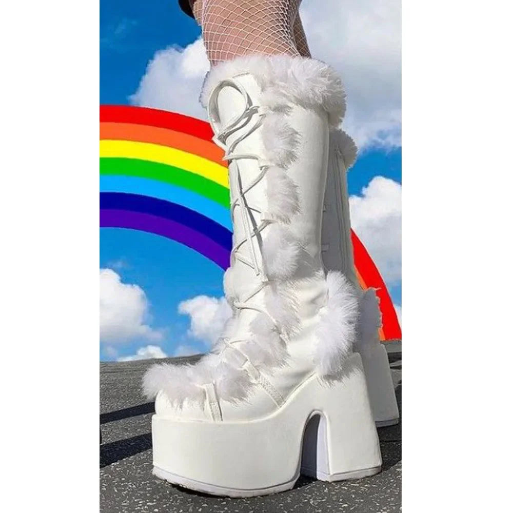 Y2K Punk Faux Fur Chunky Platform Gothic High Heel Boots