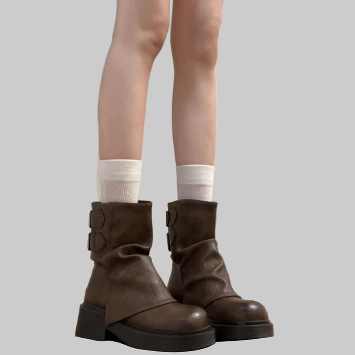 Elegant Belt Buckle Low Heels Leather Ankle Boots