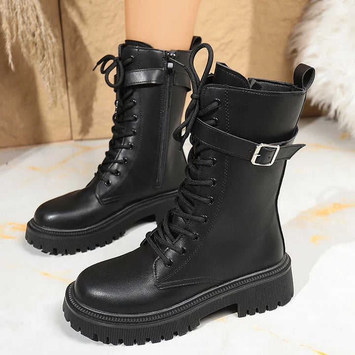 Fashionable Mid-Calf PU Leather Combat Boots with Buckle Strap
