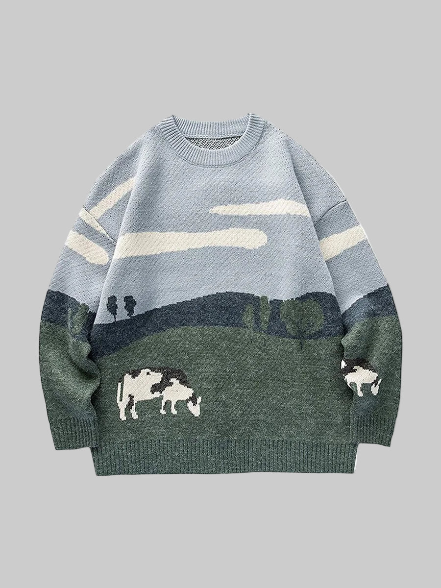 Cozy Cow Print Knitted Winter Sweater