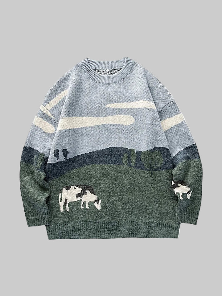 Cozy Cow Print Knitted Winter Sweater