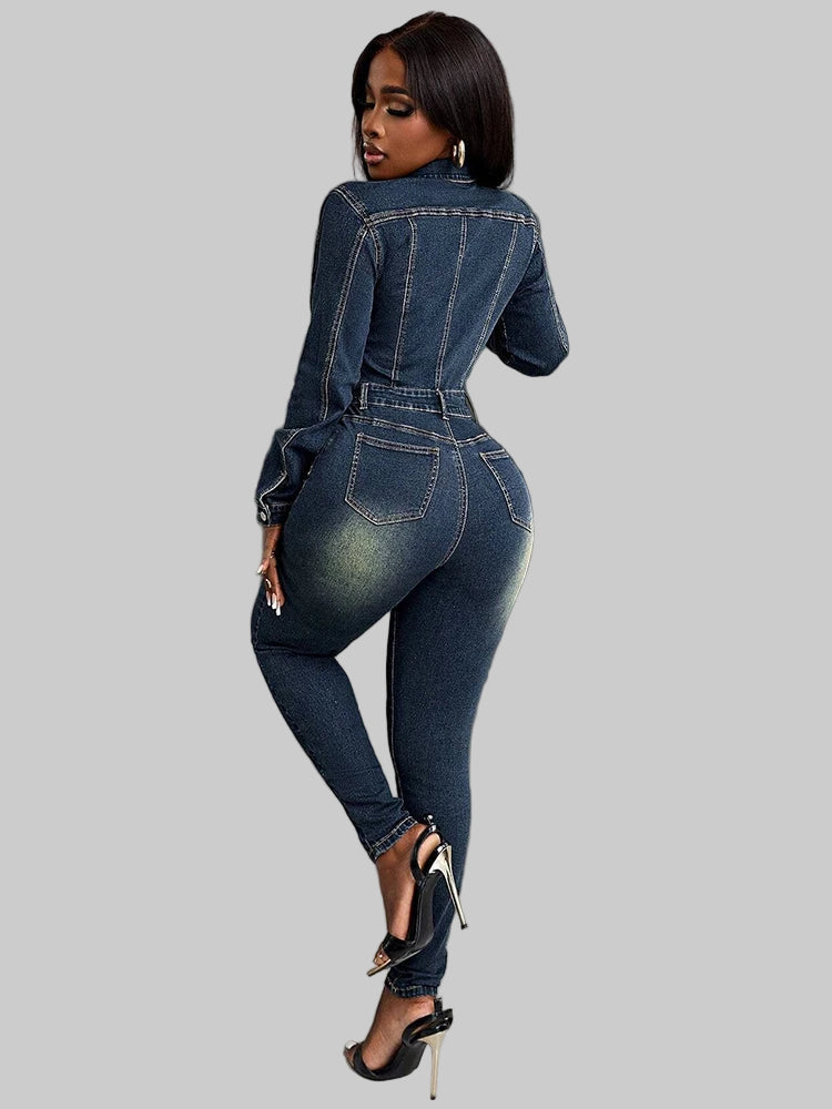 Sexy One-Piece Collared Long Sleeve Slim Overalls