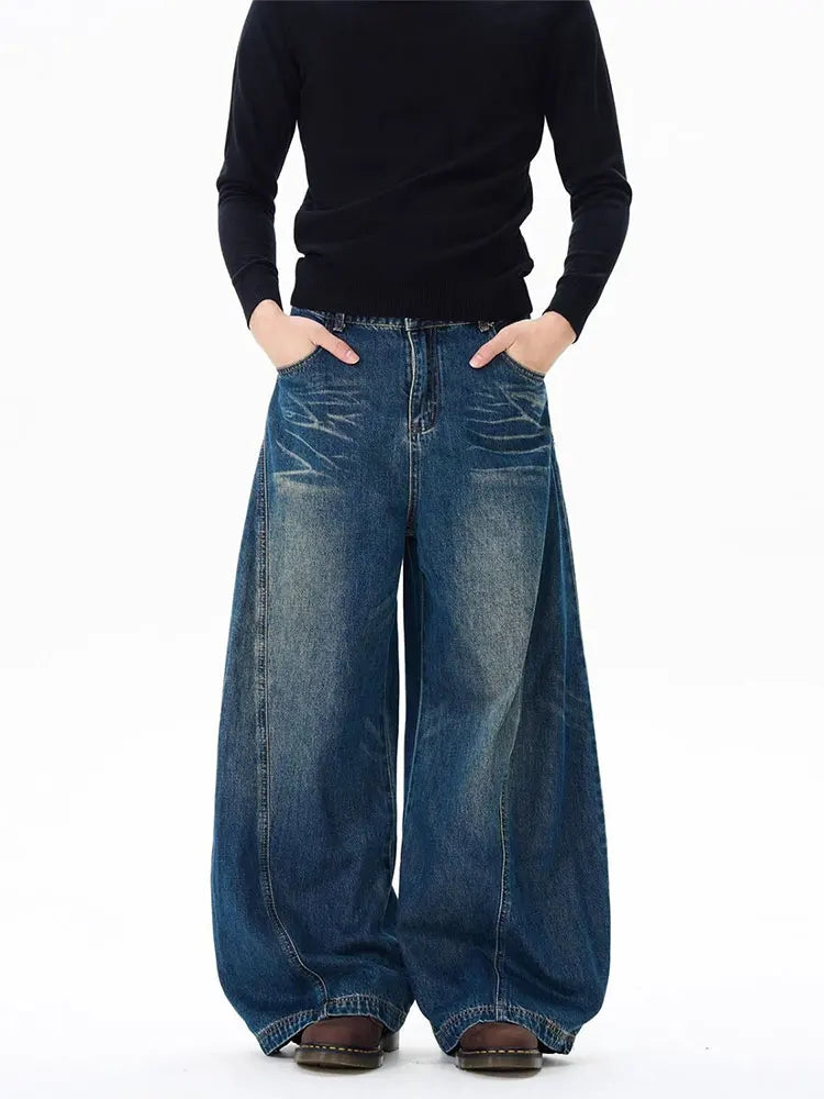 Retro Washed Curved Blade Baggy Wide-Leg Jeans