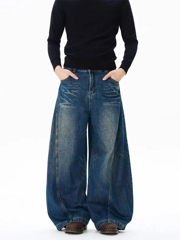 Retro Washed Curved Blade Baggy Wide-Leg Jeans
