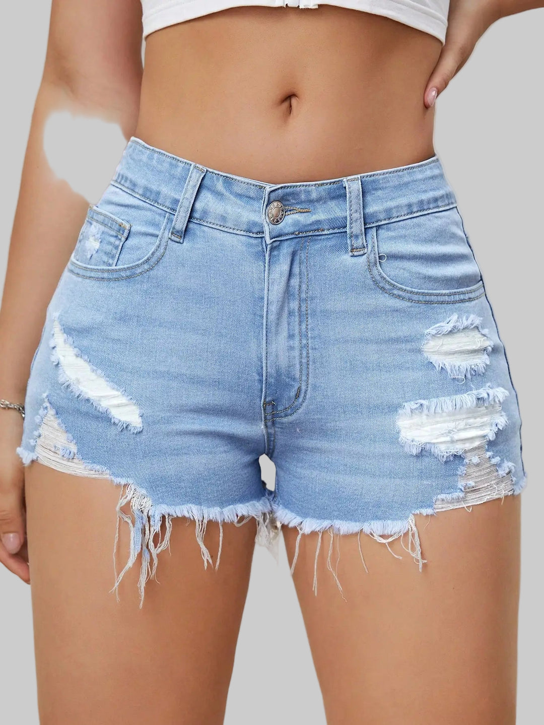 Ripped Trendy Raw Denim A-Line Hem Shorts