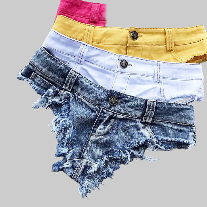 Sexy Thong Style Low-Waist Distressed Tassel Denim Shorts
