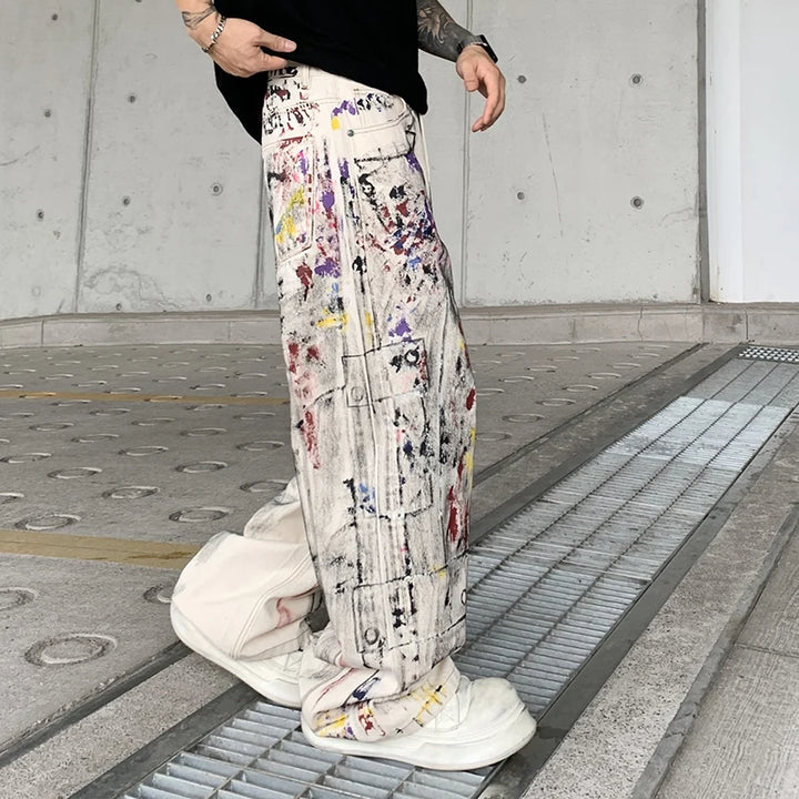Loose Wide-Leg Contrast Color Graffiti Jeans