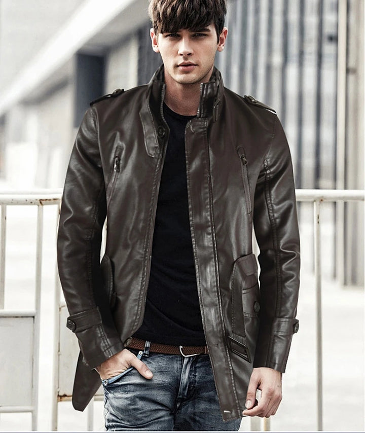 Leather Winter Thick Plush Lining Warm Long Coat