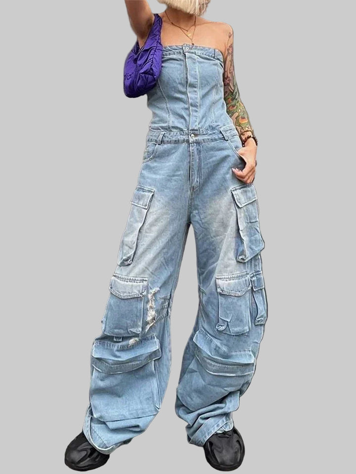 Ripped Multi Pocket Denim Jumpsuit