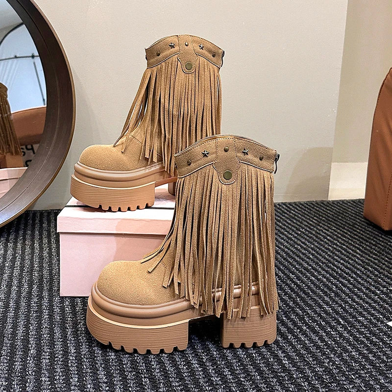 9CM Platform Tassels Chunky Boots