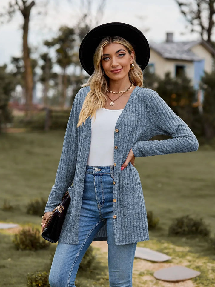 Fleece-Striped V-Neck Long Sleeve Cardigan