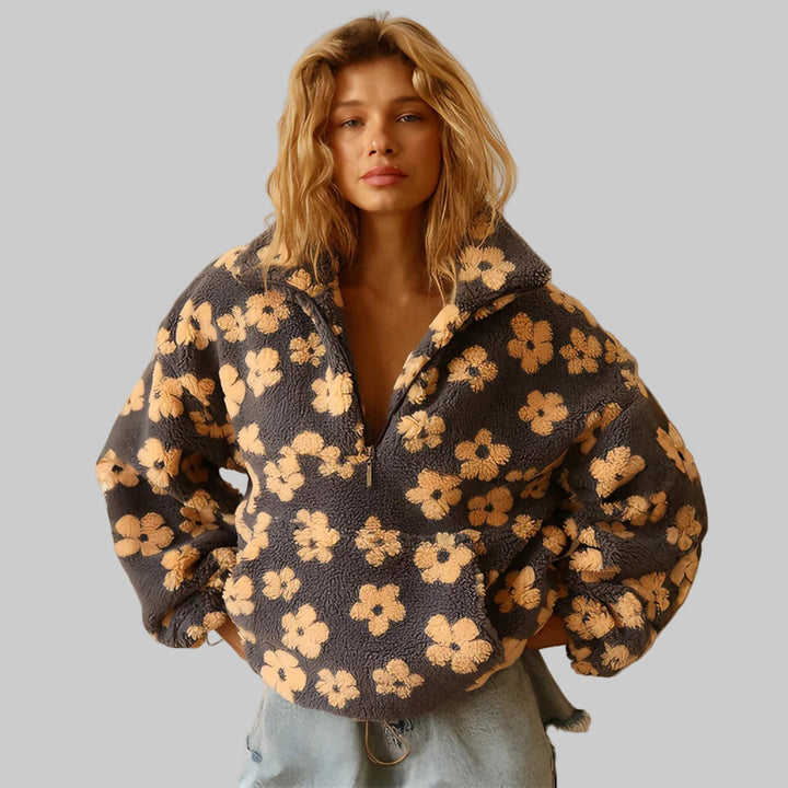 Floral Print Faux Lamb Wool Hoodie with Zipper Pocket