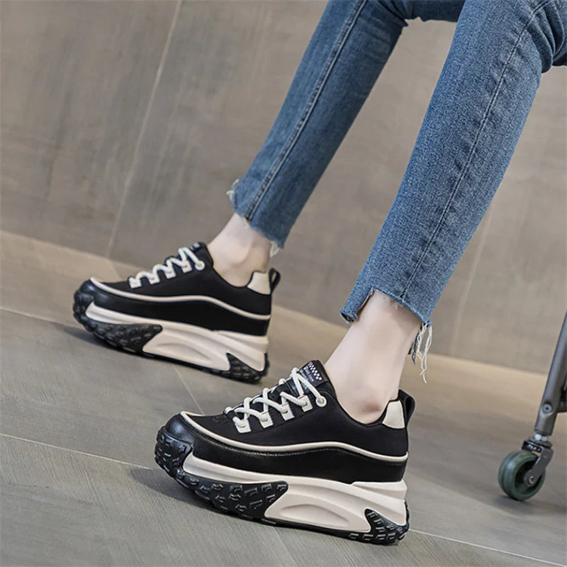 7cm Genuine Leather Chunky Platform Wedge Sneakers