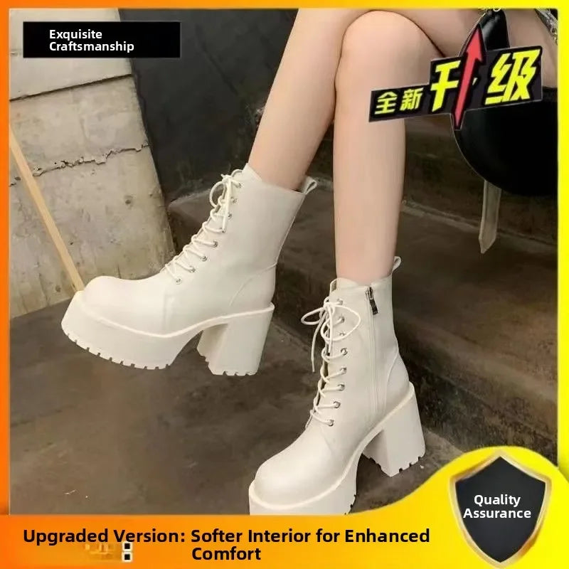Soft Leather High Heel Waterproof Platform Boots