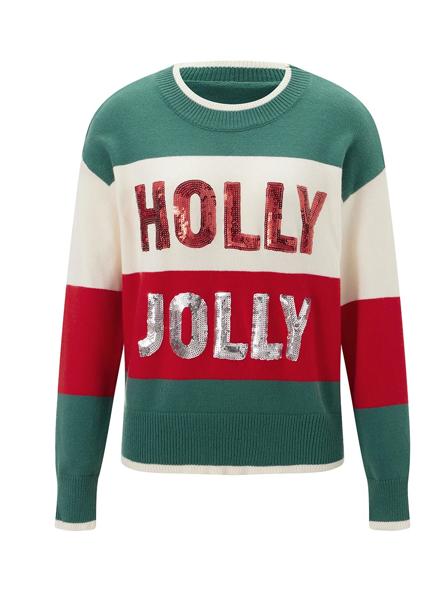 Round Neck Sequined Letter Knit Christmas Sweater
