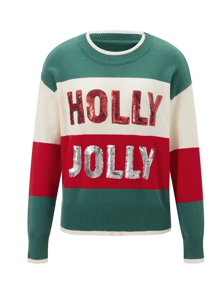 Round Neck Sequined Letter Knit Christmas Sweater