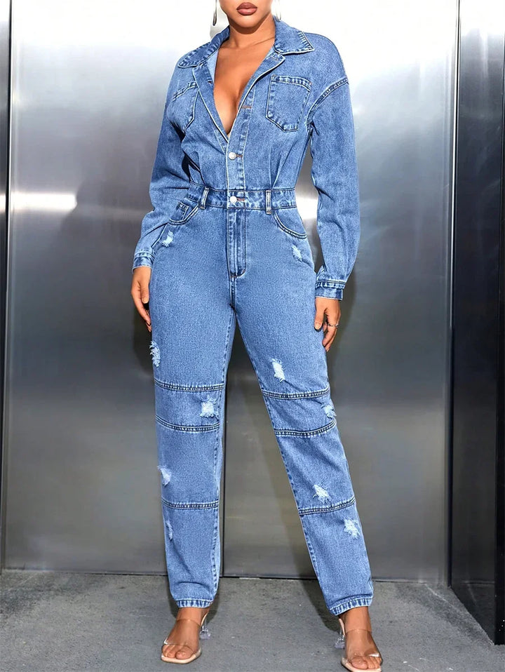 Half Button Casual Ripped Denim Jumpsuit
