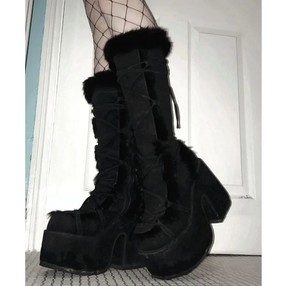 Y2K Punk Faux Fur Chunky Platform Gothic High Heel Boots