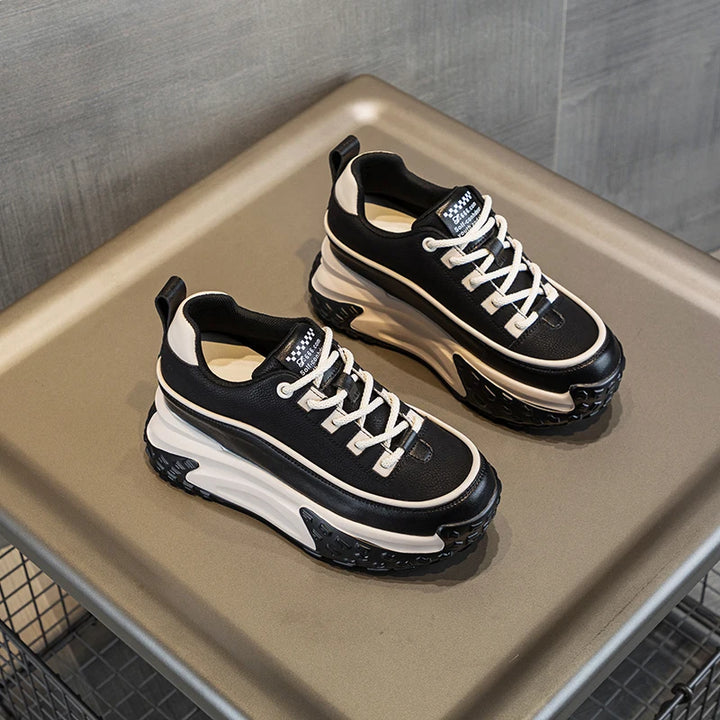7cm Genuine Leather Chunky Platform Wedge Sneakers