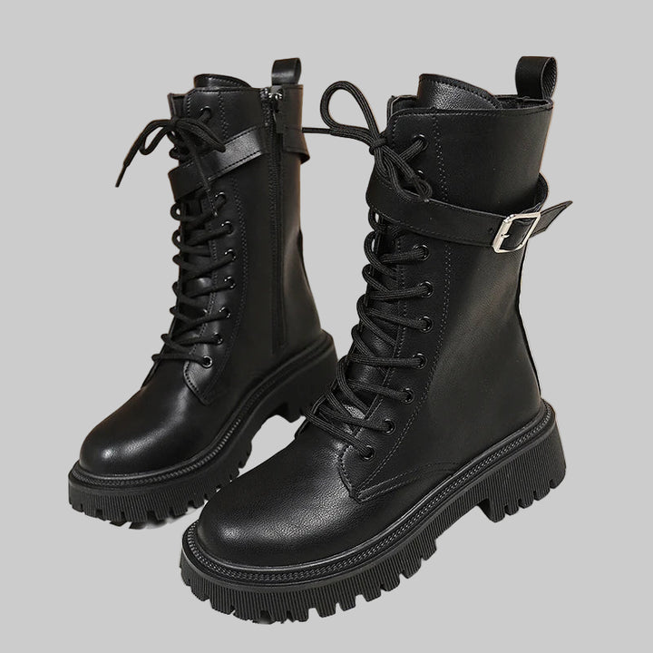 Fashionable Mid-Calf PU Leather Combat Boots with Buckle Strap
