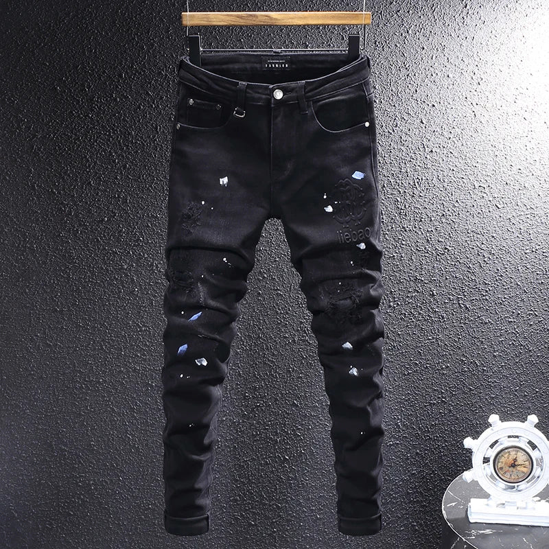 Retro Stretch Slim Fit Patched Ripped Jeans