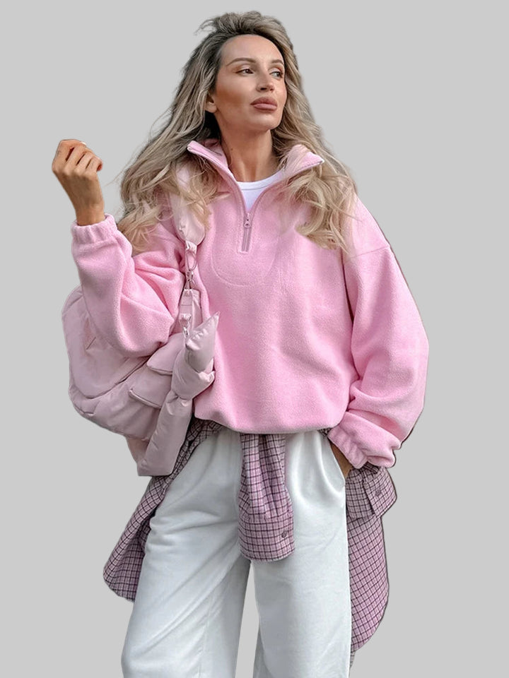Solid Polar Fleece Hoodie with Zipper Lapel