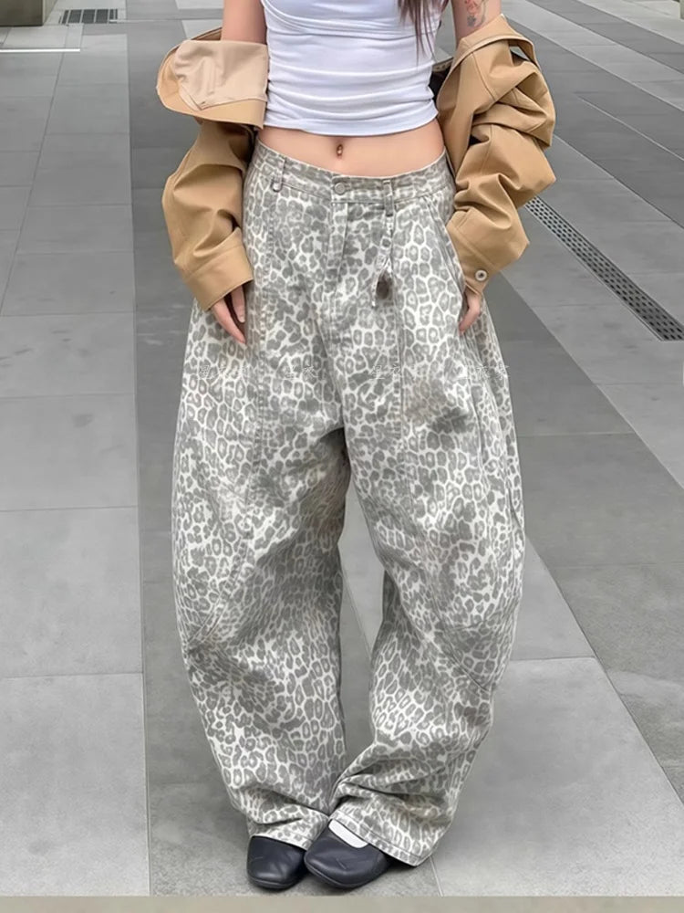 American Retro Stitching Leopard Print Pants