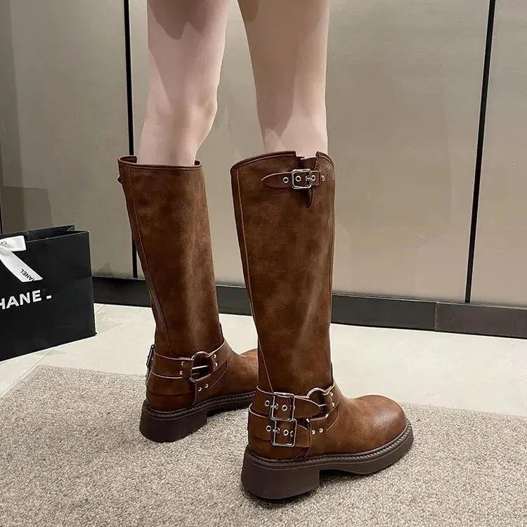 Retro Denim Long Tube Boots in Maillard Style