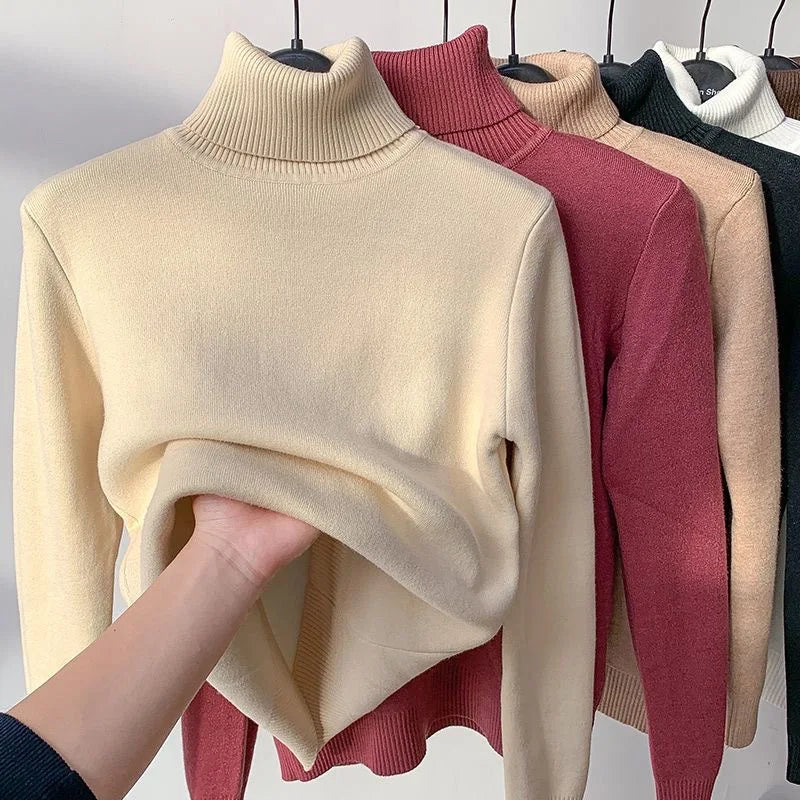 Elegant Women's Thick Velvet Lined Turtleneck Sweater