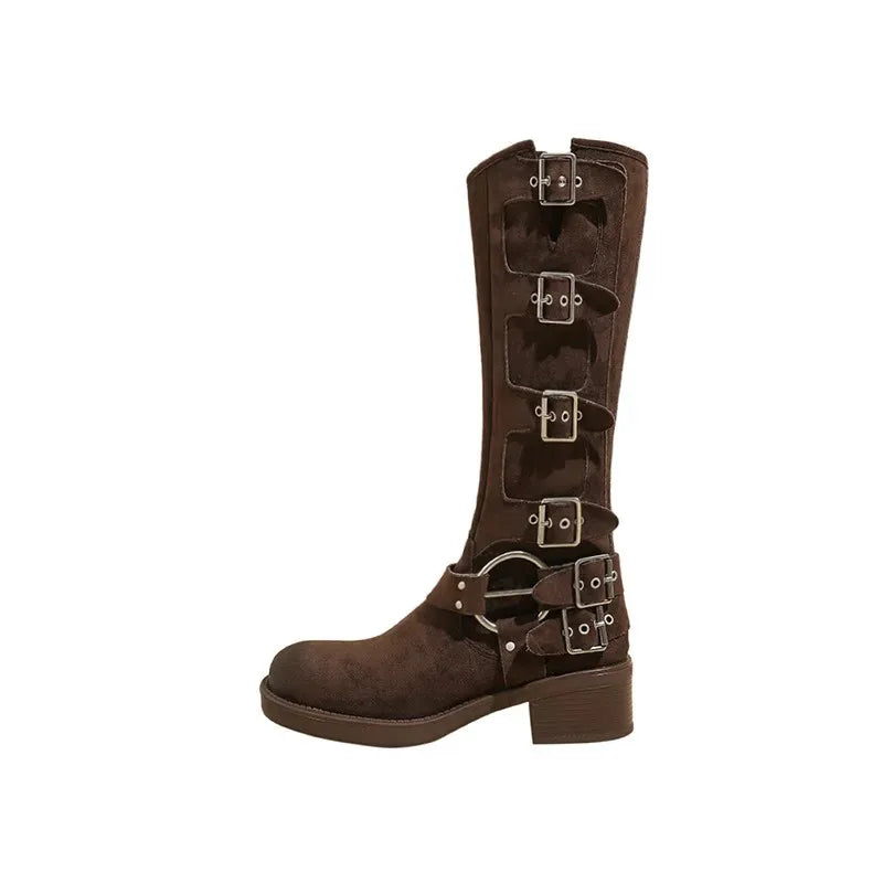 Retro Suede Cowhide Knight Belt Buckle Cowboy Boots