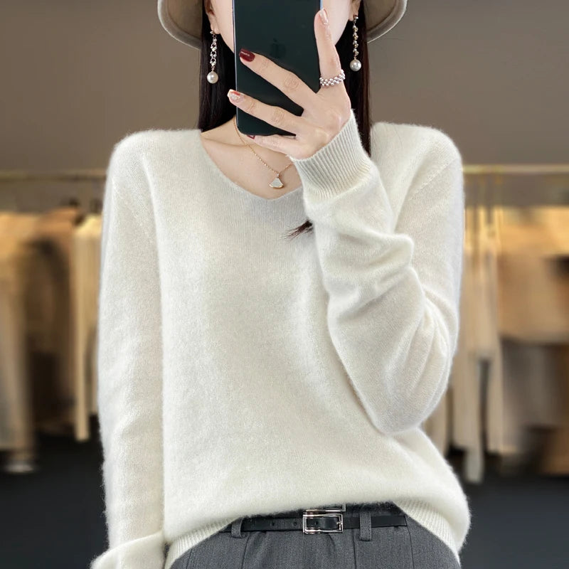 100% Pure Merino Wool V-Neck Autumn Winter Sweater