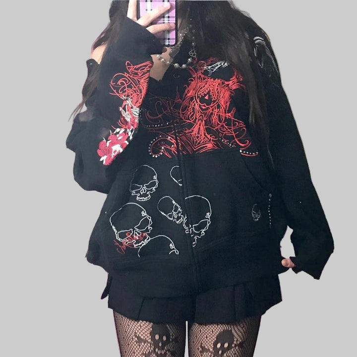 2000s Gothic Fairy Grunge Skull Graphic Oversized Hoodie