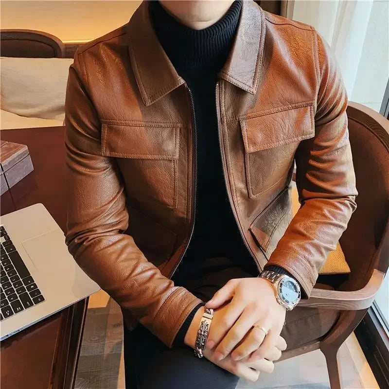 Slim Fit British Style Pure Color Leather Jacket