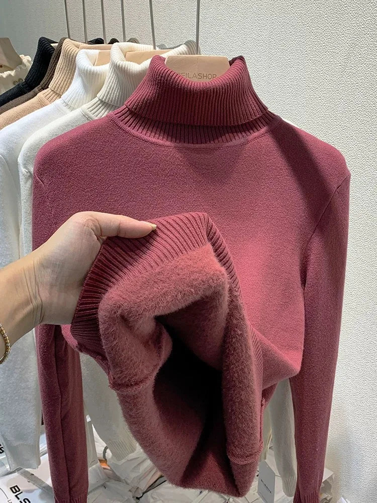 Elegant Women's Thick Velvet Lined Turtleneck Sweater