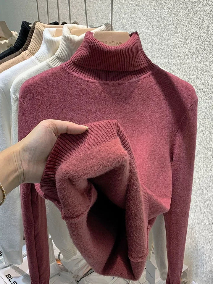 Elegant Women's Thick Velvet Lined Turtleneck Sweater