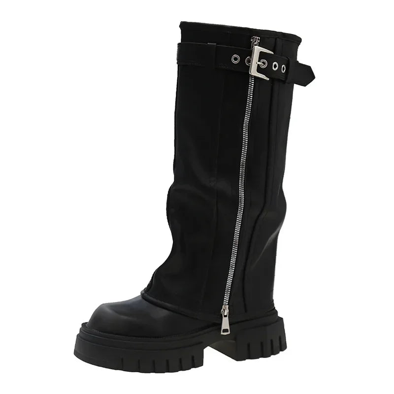 Platform Western Long Boots with Belt Buckle